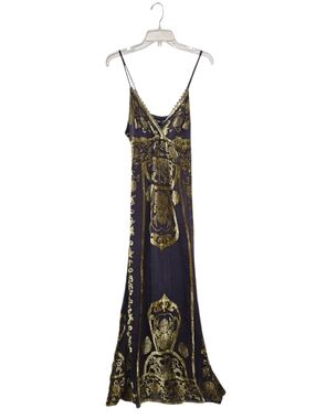 HALE BOB Vintage Silk Velvet Burnout Maxi Dress With Corset Back Purple Green L